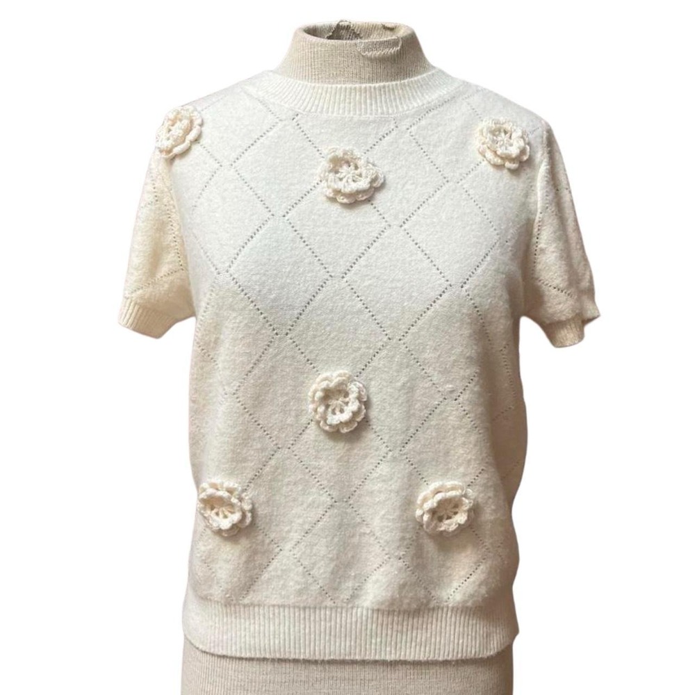 Cream Short Sleeve Sweater Floral Applique Pointelle Knit Cottagecore Coquette S